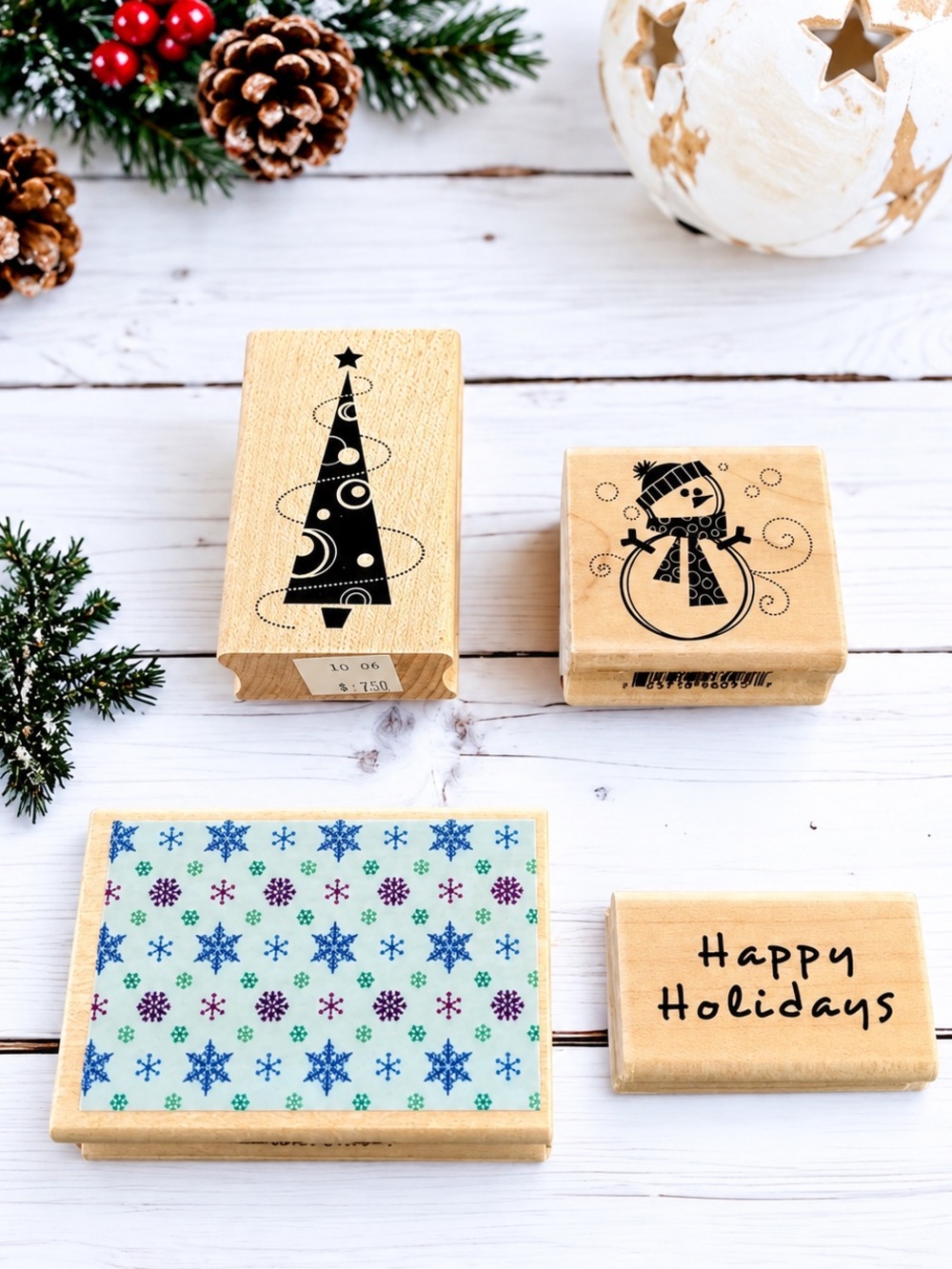 Vintage 2006 Christmas Winter Wood Mounted Rubber Stamps Set 4 Card Making